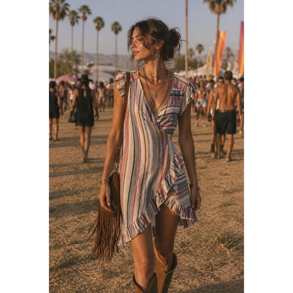 Free People Blue & Pink Vertical Striped Short Sleeve Wrap Dress Womens L Mini